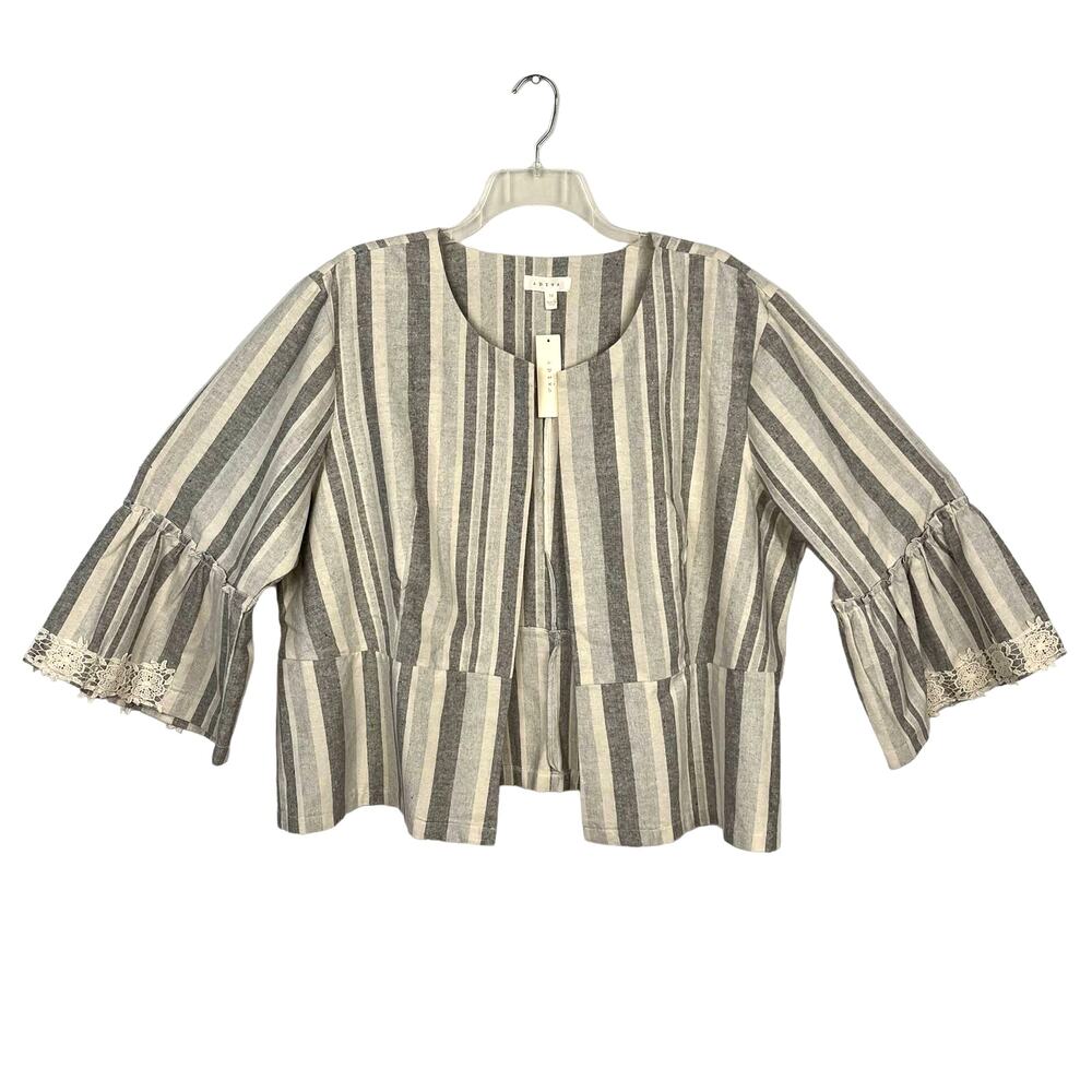 NWT ADIVA | Gray‎ Striped Linen/Cotton Blend Lace Details Cardigan | Women's 3X